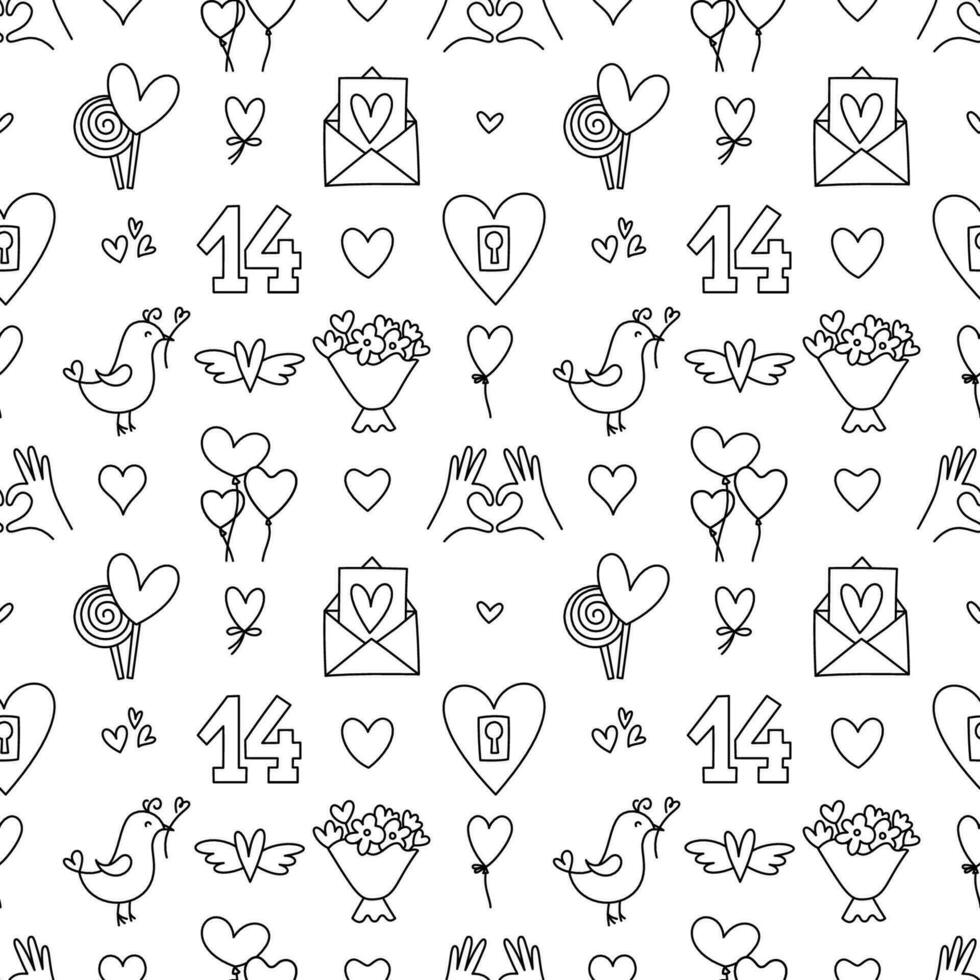 Valentines Day doodle style seamless pattern in black and white, hand-drawn love theme icons background. Romantic mood, cute symbols and elements collection. vector