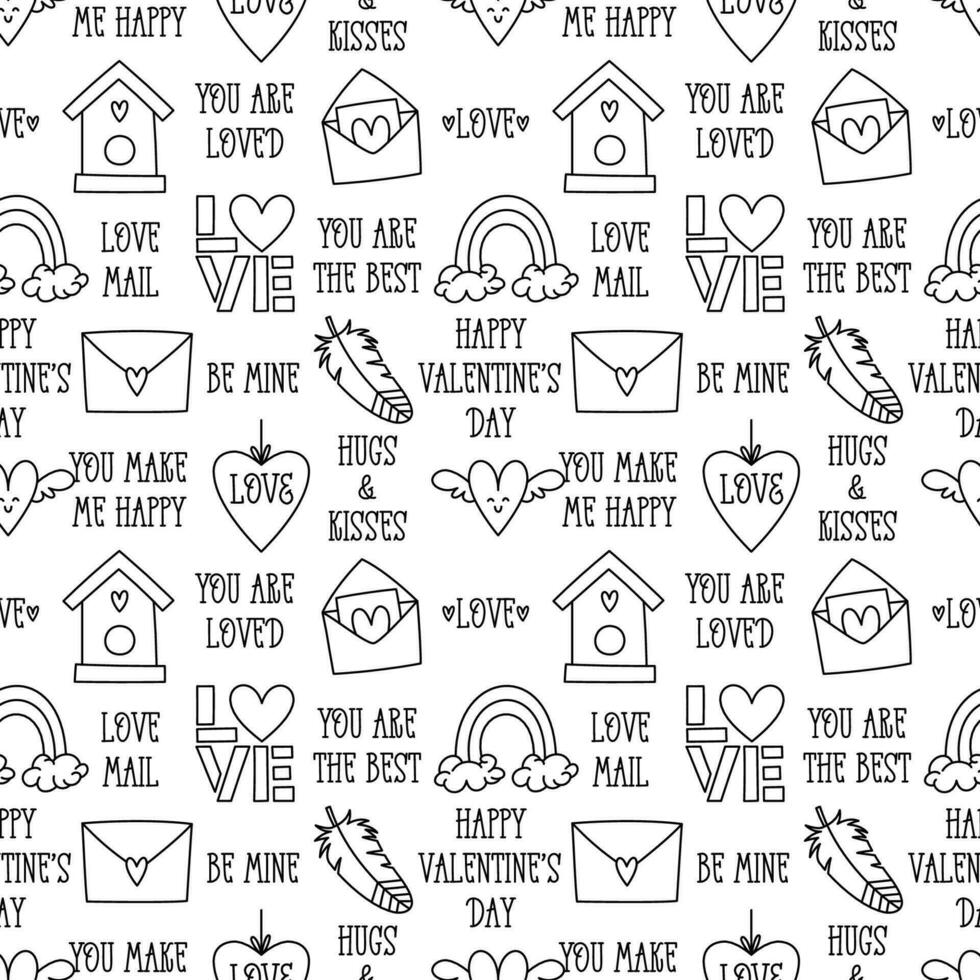 Valentines Day doodle style seamless pattern in black and white, hand-drawn love theme icons and quotes background. Romantic mood, cute symbols and elements collection. vector