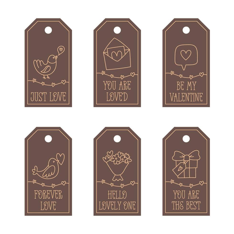 Valentines Day printable tags template in doodle style, hand-drawn love theme icons and quotes. Romantic mood, cute symbols and elements collection. vector