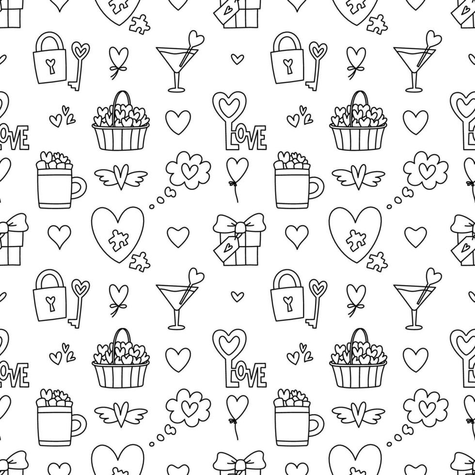 Valentines Day doodle style seamless pattern in black and white, hand-drawn love theme icons background. Romantic mood, cute symbols and elements collection. vector
