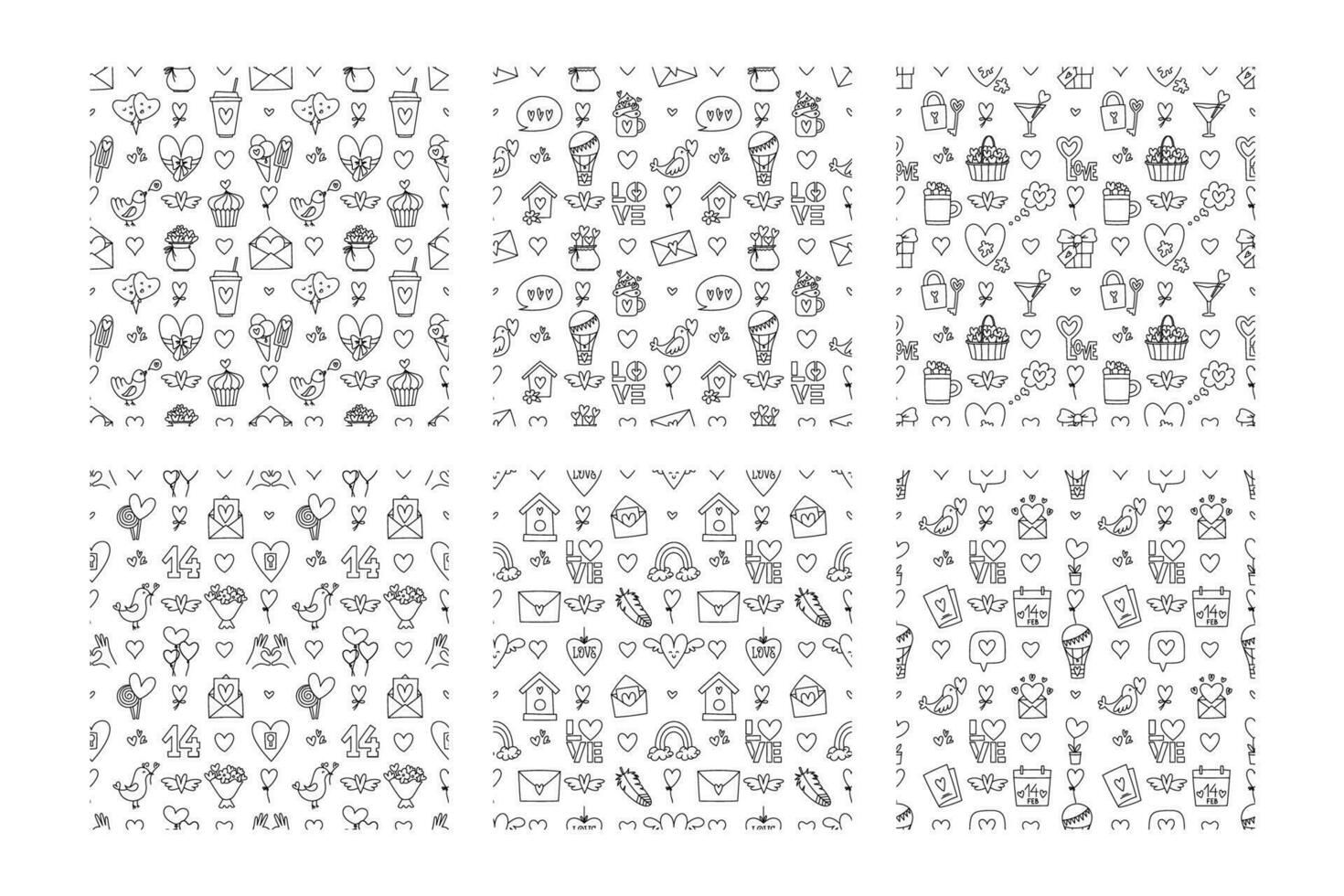 Valentines Day doodle style seamless pattern in black and white, hand-drawn love theme icons and quotes background. Romantic mood, cute symbols and elements collection. vector