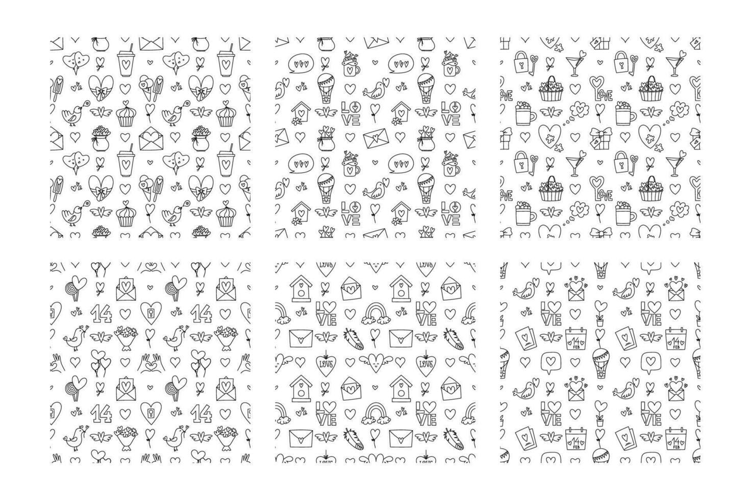 Valentines Day doodle style seamless pattern in black and white, hand-drawn love theme icons and quotes background. Romantic mood, cute symbols and elements collection. vector