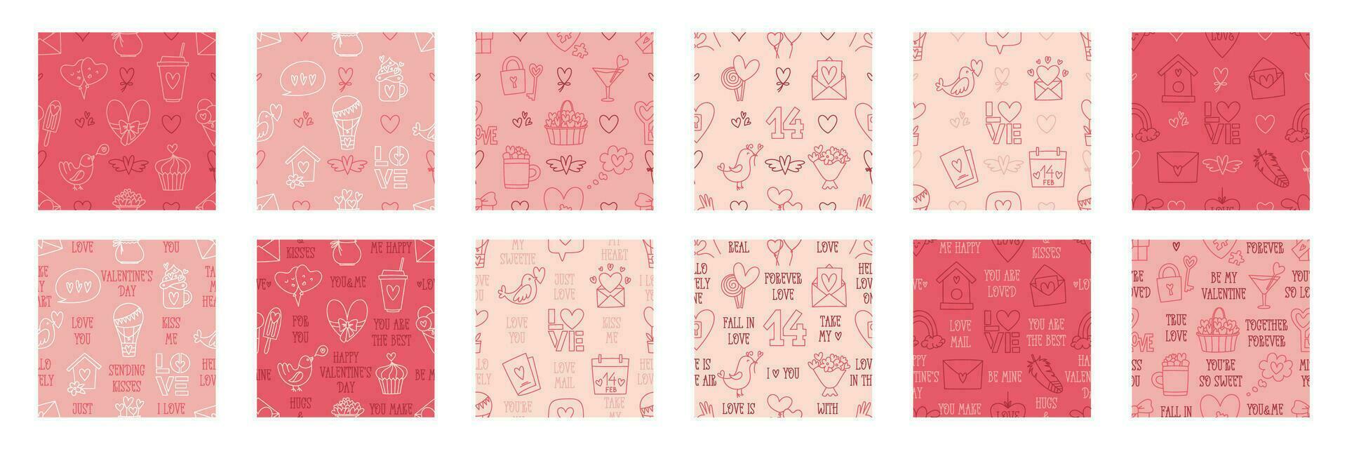 Valentines Day doodle style hand-drawn seamless pattern set vector