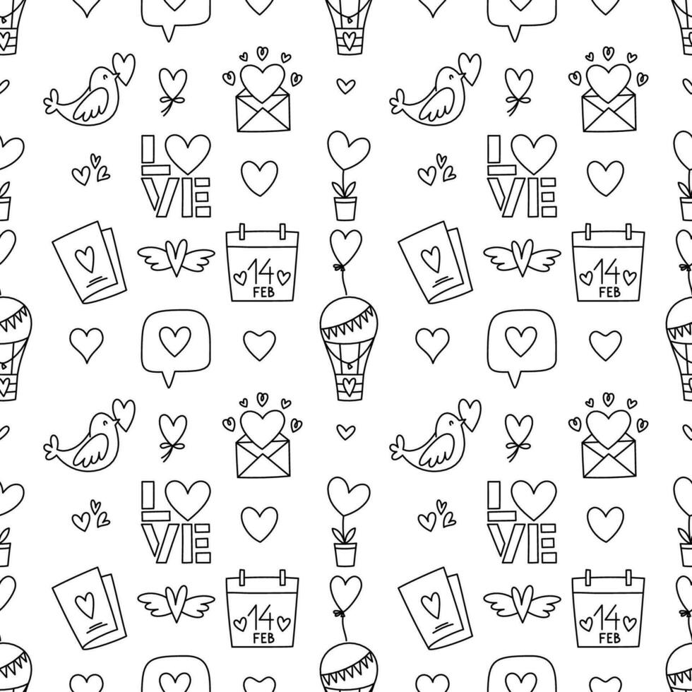 Valentines Day doodle style seamless pattern in black and white, hand-drawn love theme icons and quotes background. Romantic mood, cute symbols and elements collection. vector