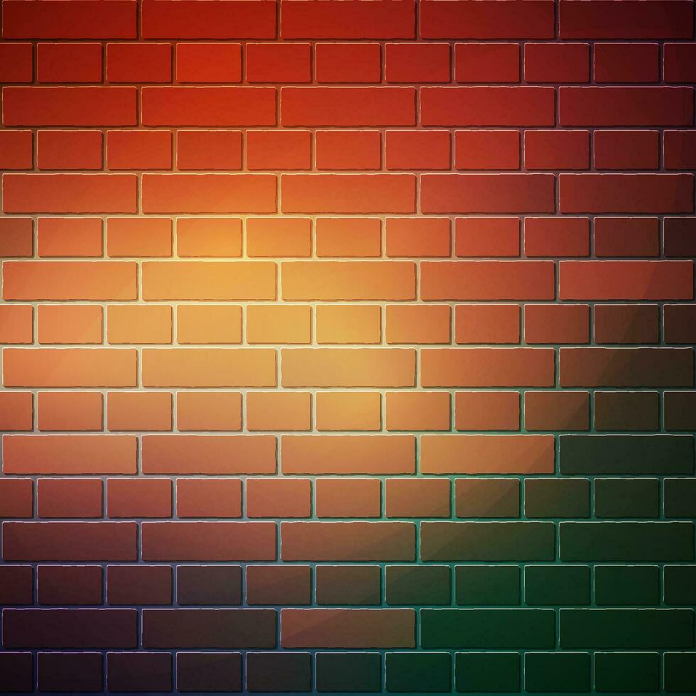 The red brick wall square format background template has a bright light spot in the center. Vector illustration EPS10.
