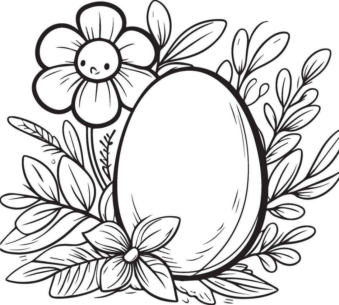 Springtime Delights easter egg coloring pages Rabbit Eggs  and Blooms, preschool easter egg coloring pages for kids, happy easter clipart black and white vector