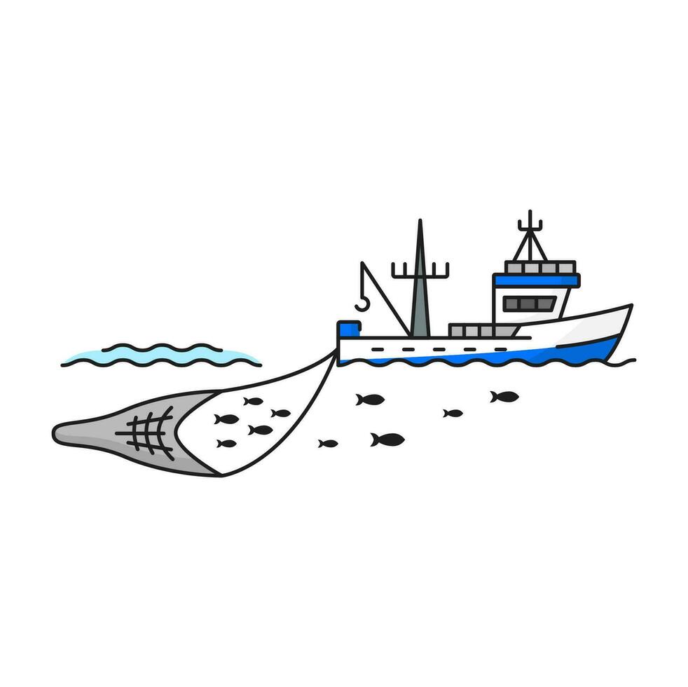 Fishing industry boat catching fish line icon vector