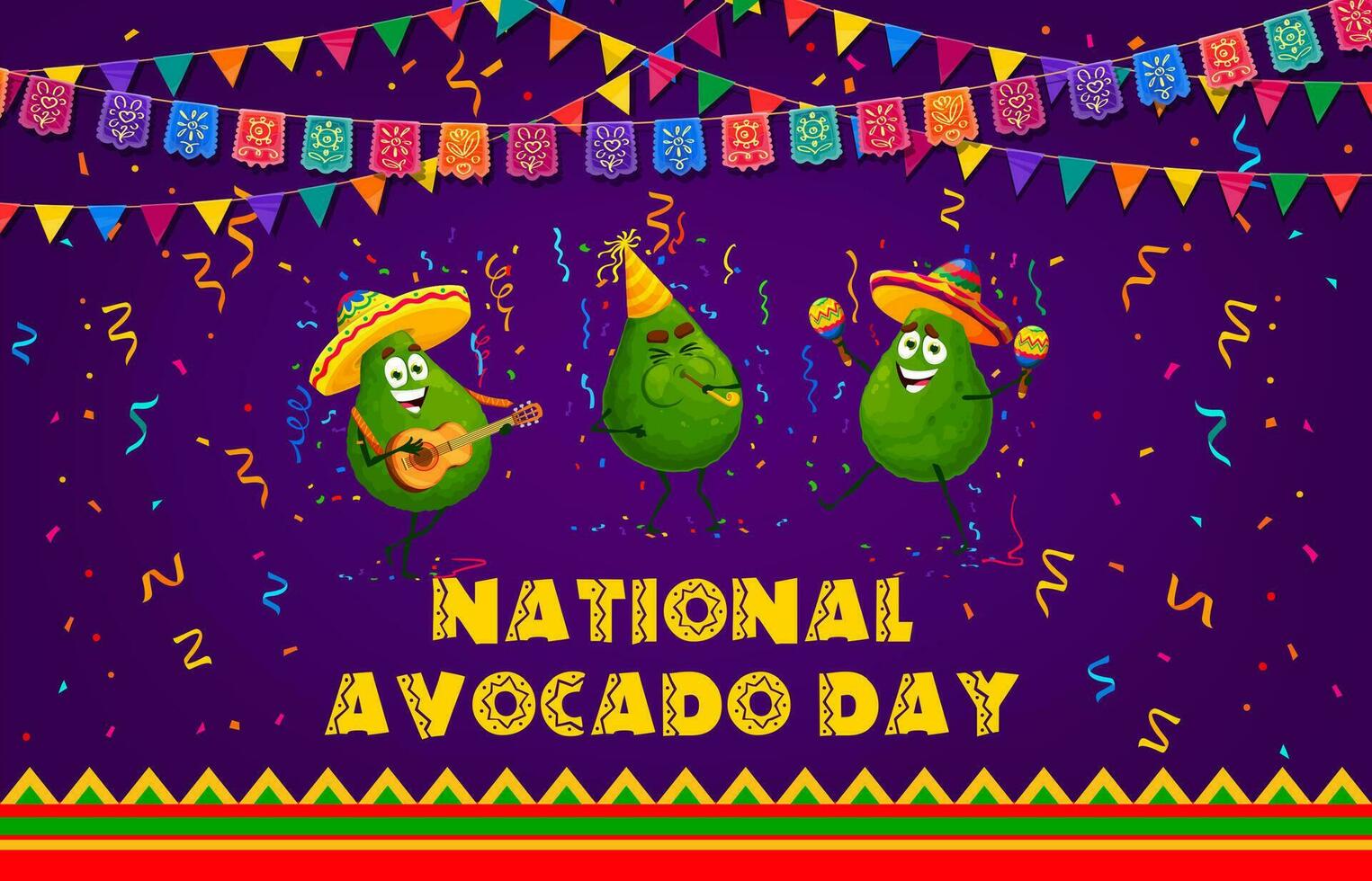 Avocado Day banner. Fruits characters on party vector