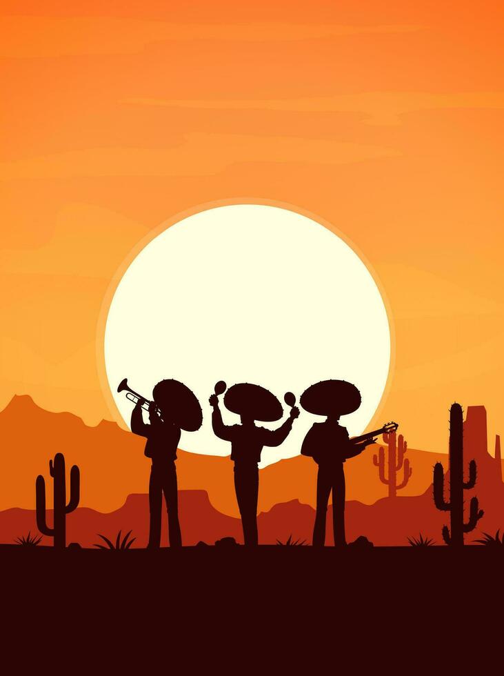 Desert sunset landscape with Mexican musicians vector