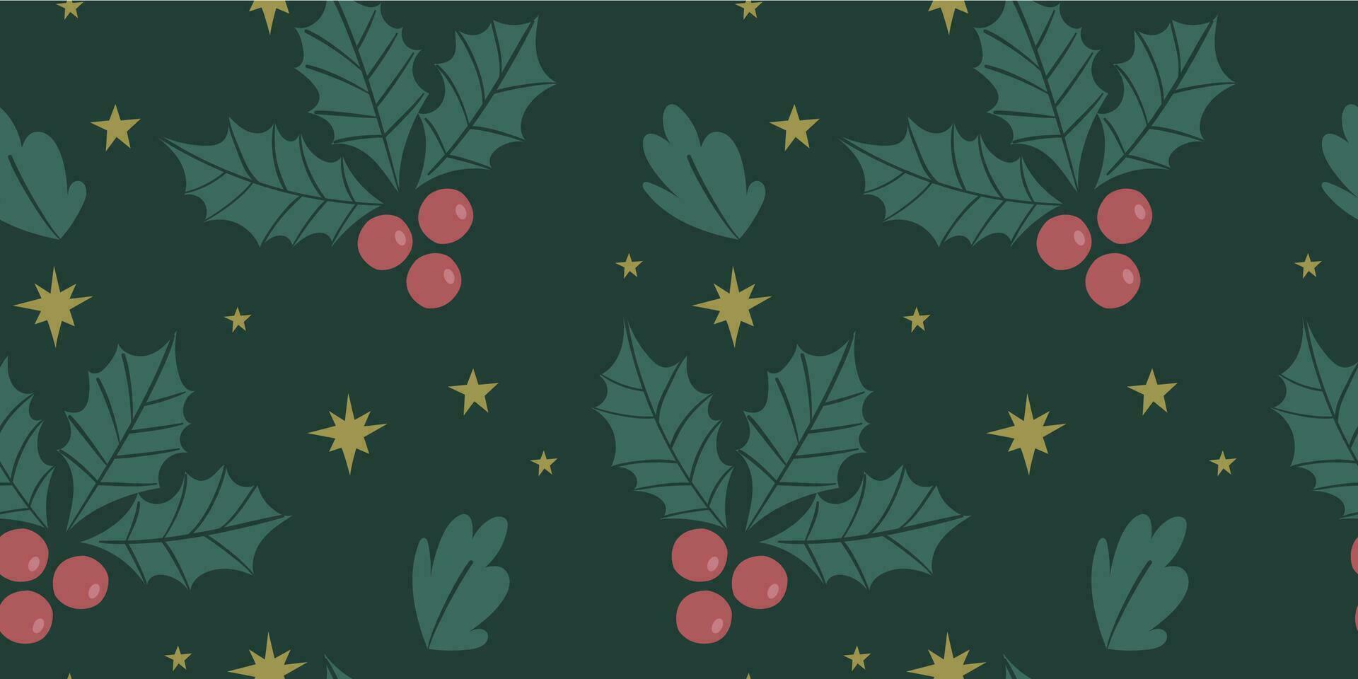 Christmas seamless pattern with holly berries, stars and leaves. vector