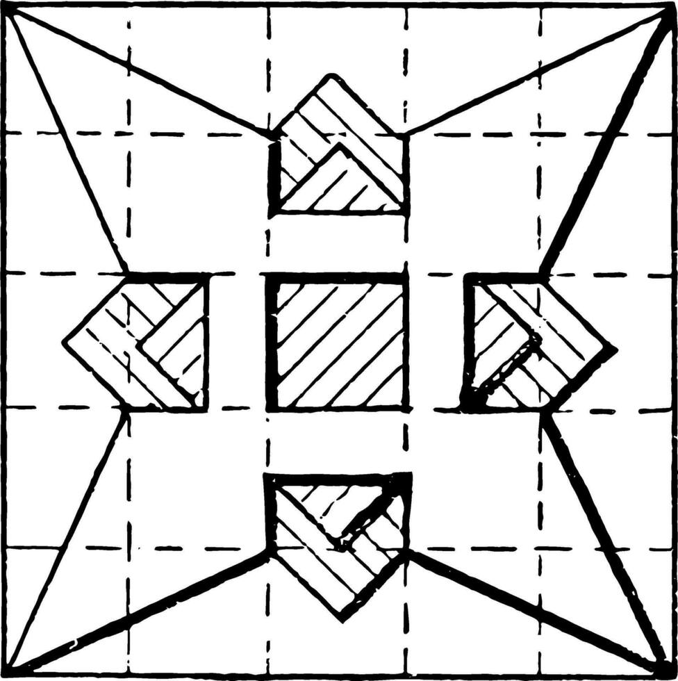 Star Construction Using Triangles and Squares draw an arc through the center vintage engraving. vector