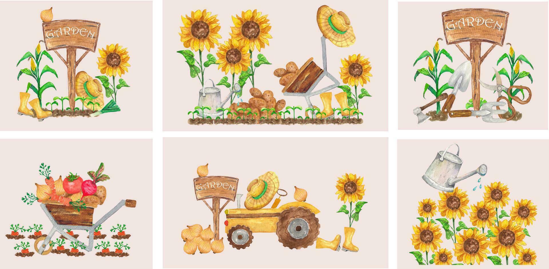 Collection of 6 illustrations. Cottage, garden, farmer, growing vegetables, all this is reflected in the illustrations. All elements are painted with watercolors. vector