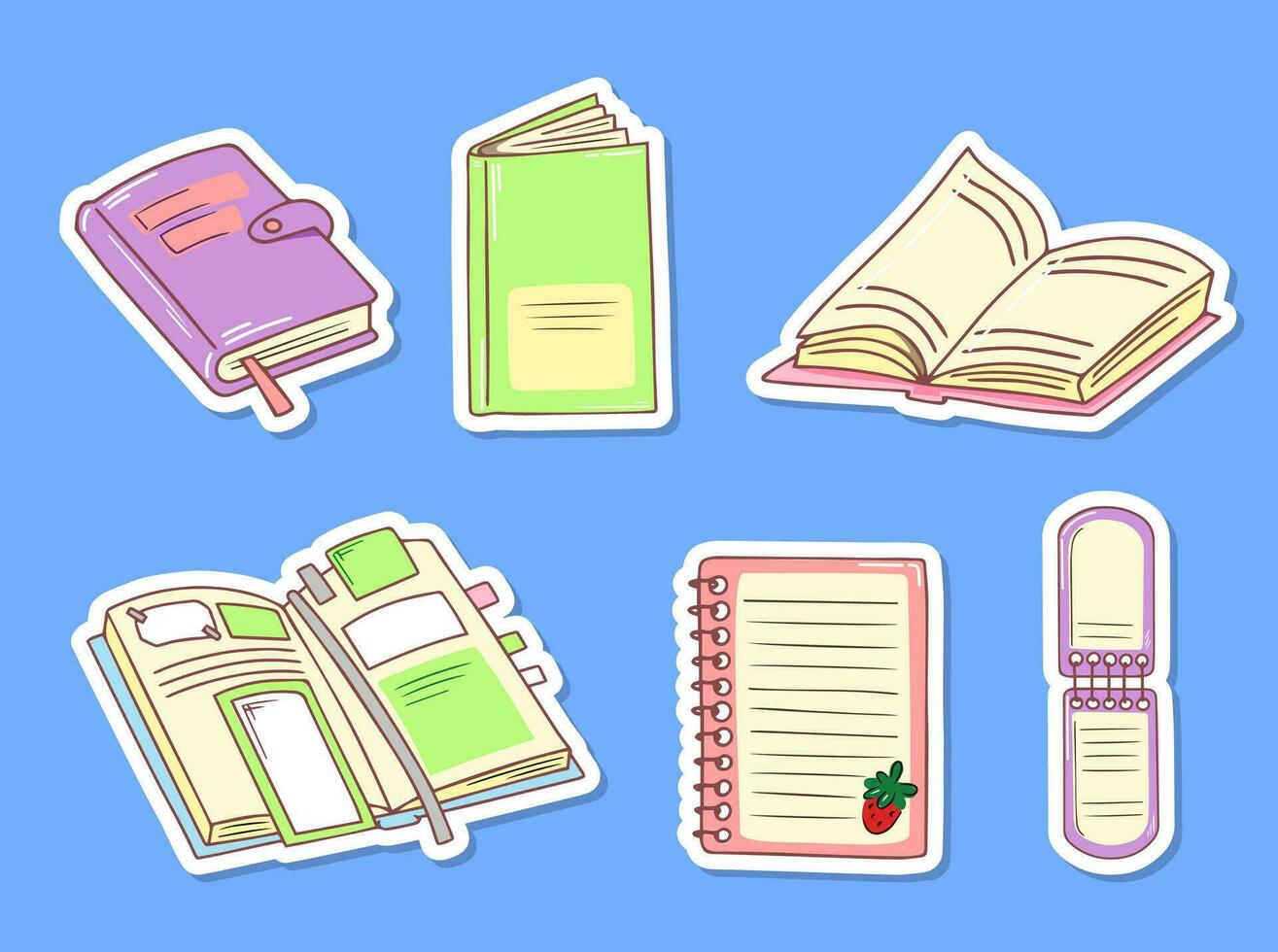 Set of books, planners with bookmarks, notebooks. Hand drawn doodle stickers. Colored vector illustration isolated
