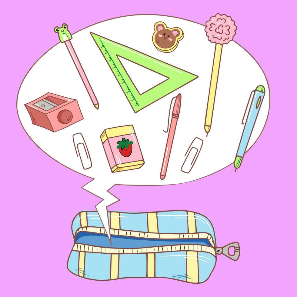 Pencil case with school stationery supplies in cartoon style. Hand drawn doodle stickers. Colored vector illustration isolated