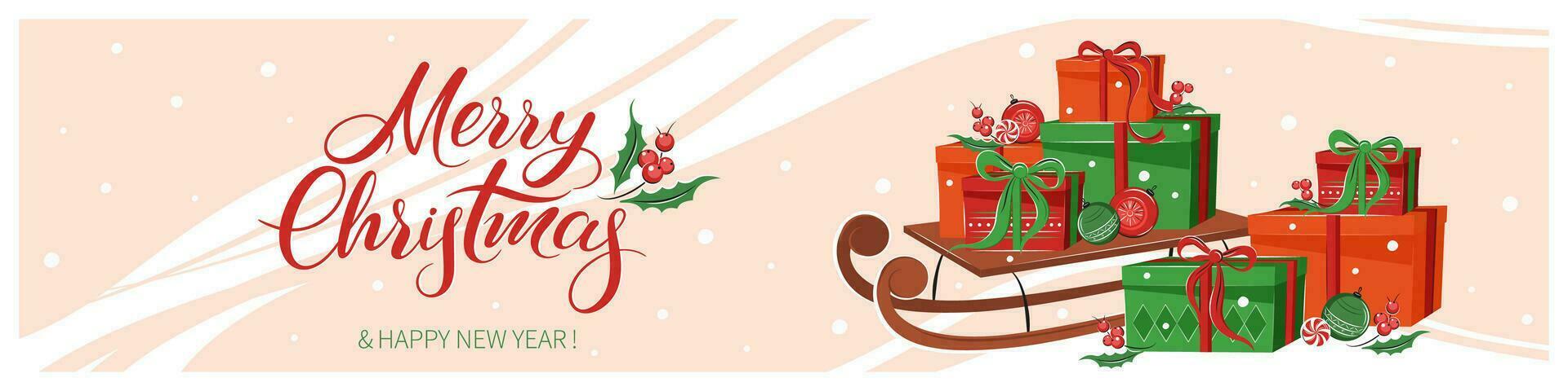 Lettering Merry Christmas. Horizontal banner with set gifts and with winter decorations. Vector illustration