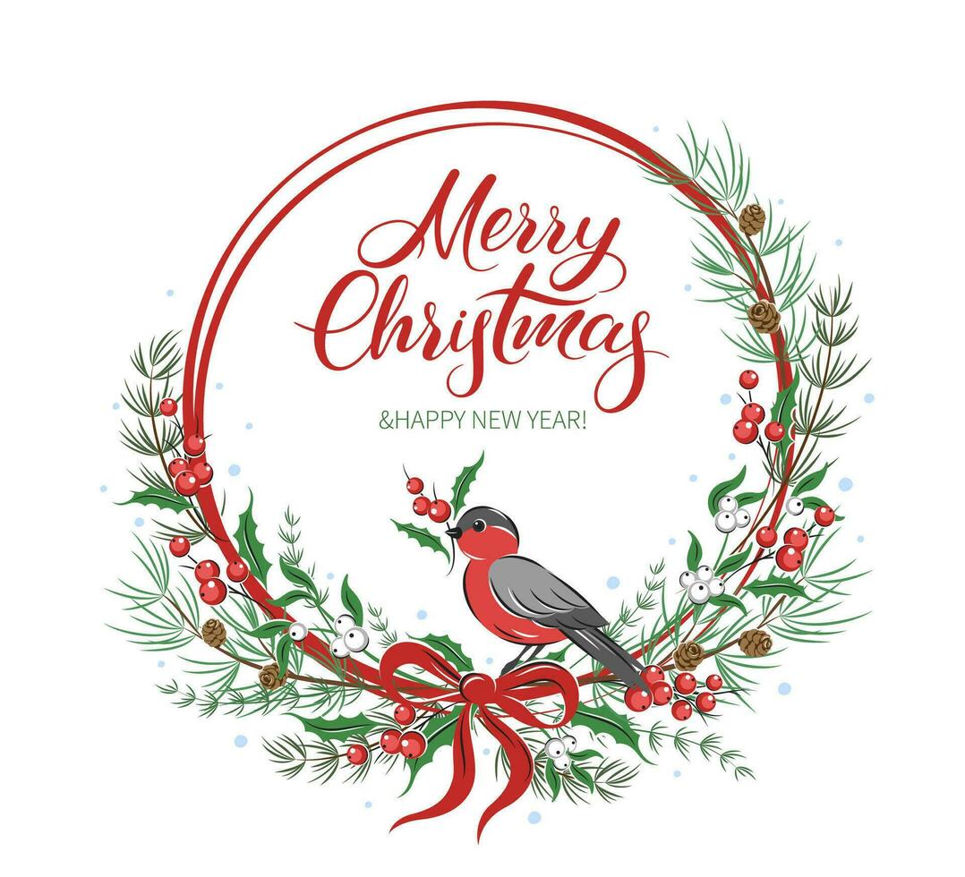 corona de feliz navidad con texto. abeto verde, ramitas rojas y bayas blancas. plantilla de tarjeta de felicitación para vacaciones de invierno. ilustración vectorial vector