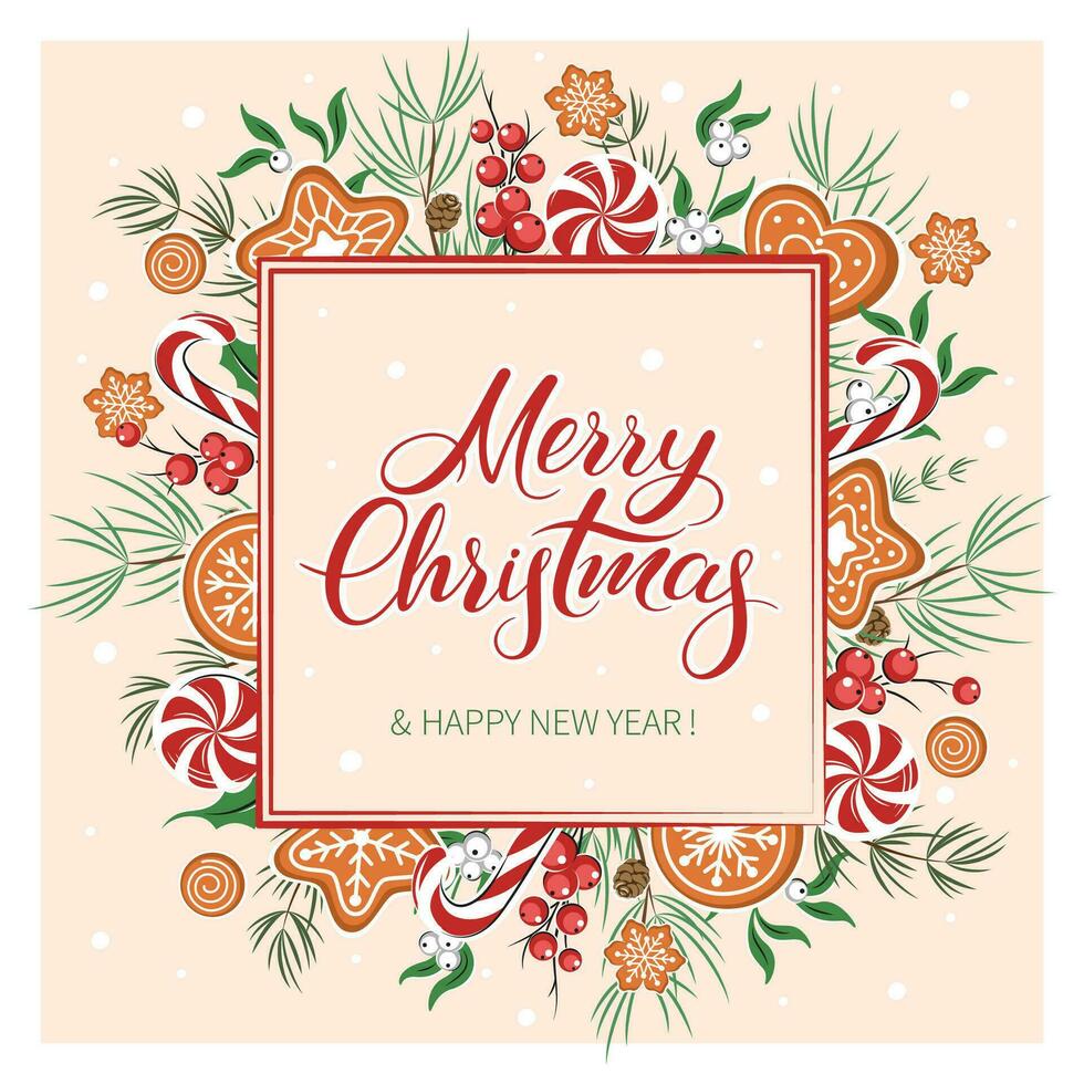 Christmas background decorated with different winter plants, cookies and sweets background. Vector illustration