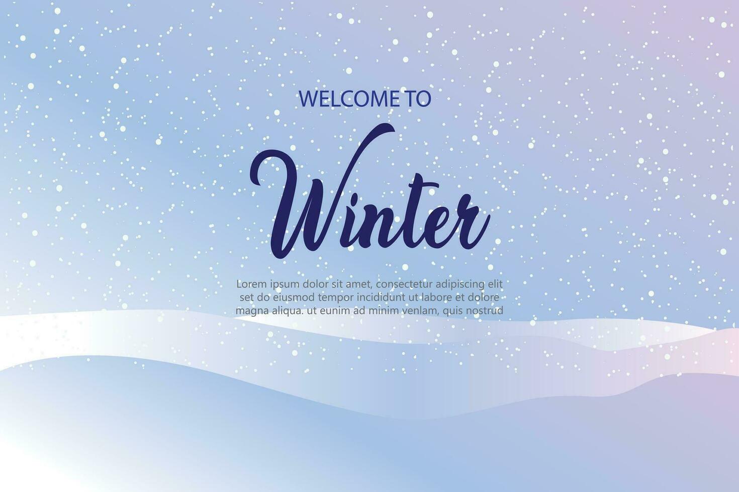 Vector illustration. Flat landscape. Snowy background. Snowdrifts. Snowfall. Clear blue sky. Blizzard. Cartoon wallpaper. Cold weather. Winter season. Empty template design with copy space