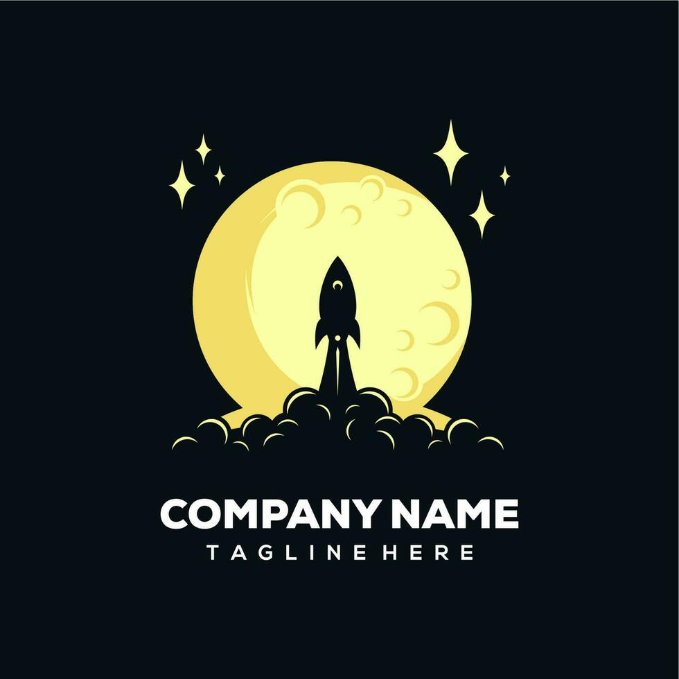 rocket launch with moon and stars logo design vector