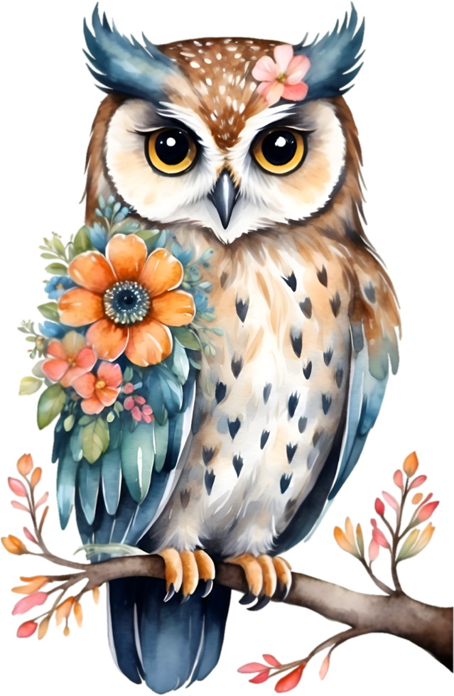 AI generated Watercolor of an owl with flowers. Ai-generated. png