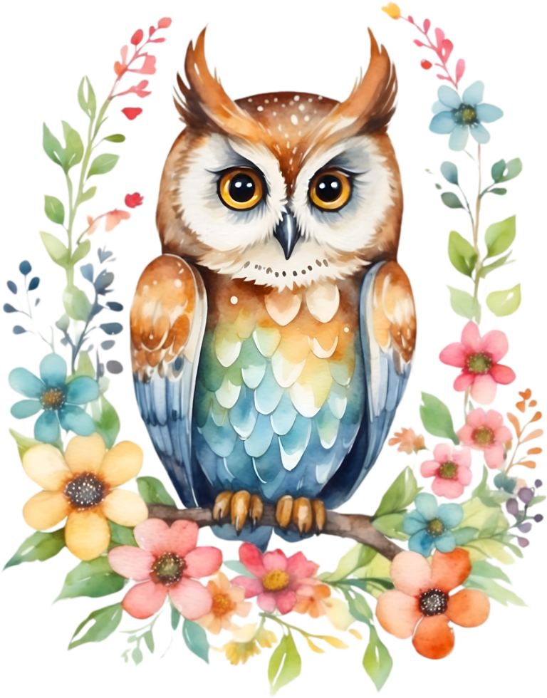 AI generated Watercolor of an owl with flowers. Ai-generated. png