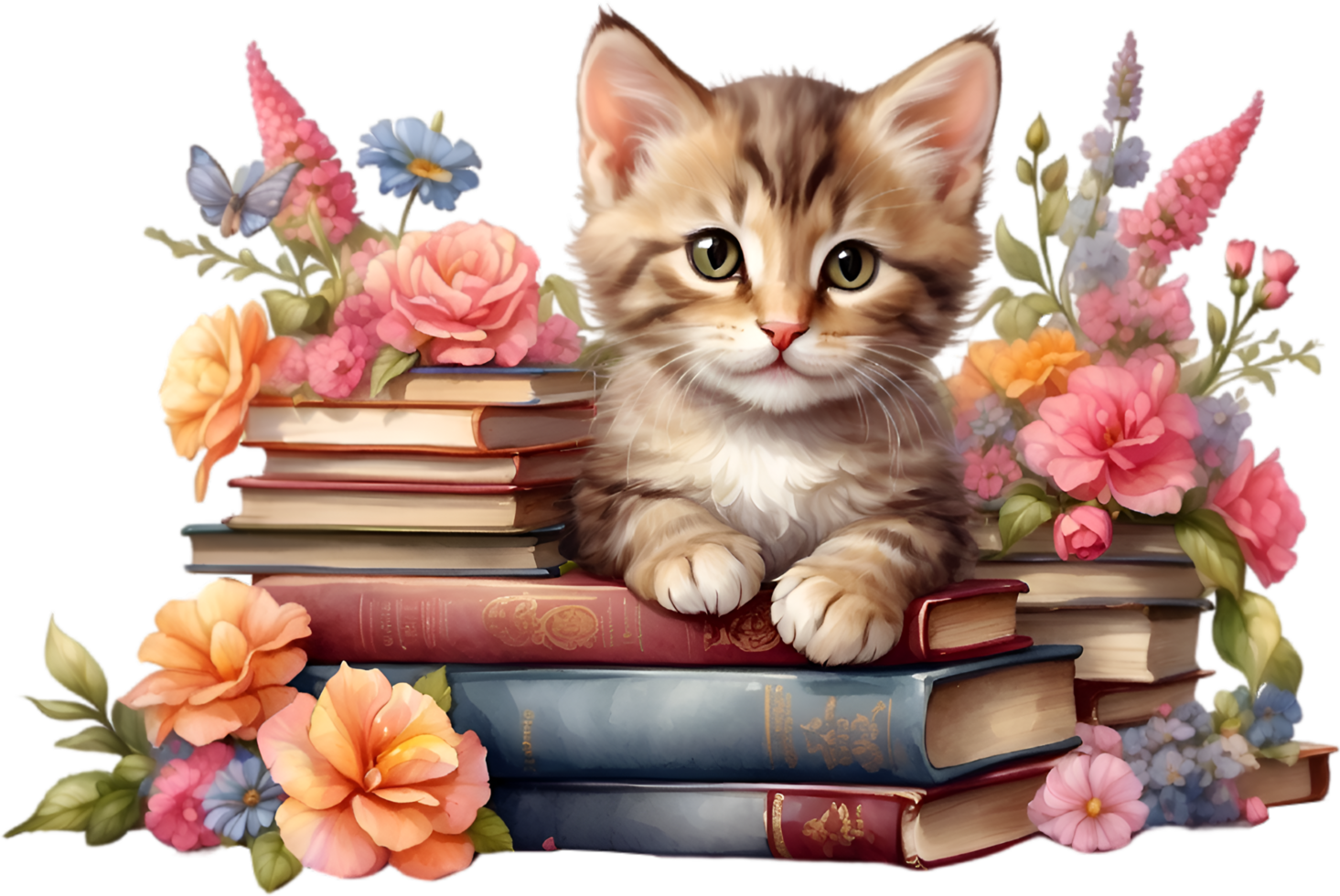 AI generated Kitten with Stack of books. Ai-Generated. png