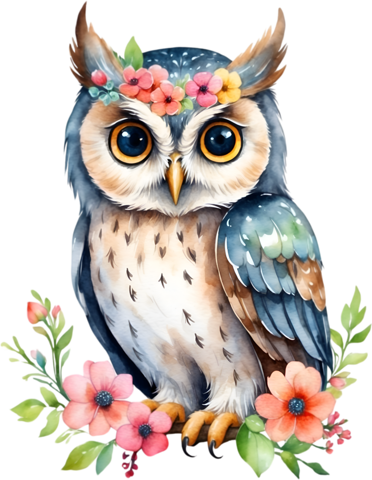 AI generated Watercolor of an owl with flowers. Ai-generated. png