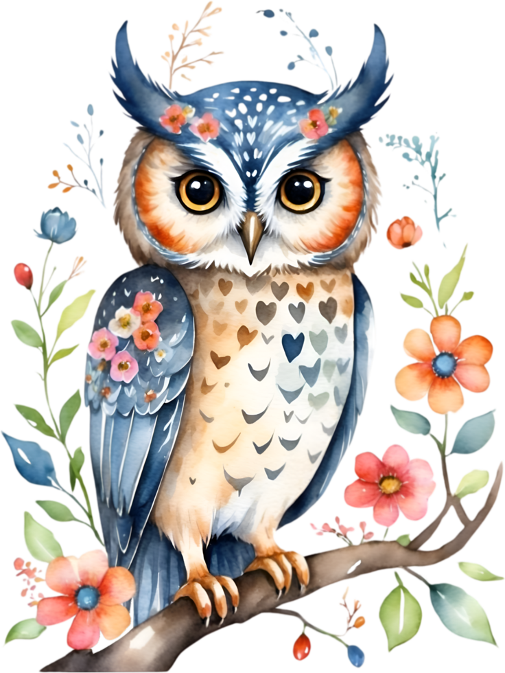 AI generated Watercolor of an owl with flowers. Ai-generated. png