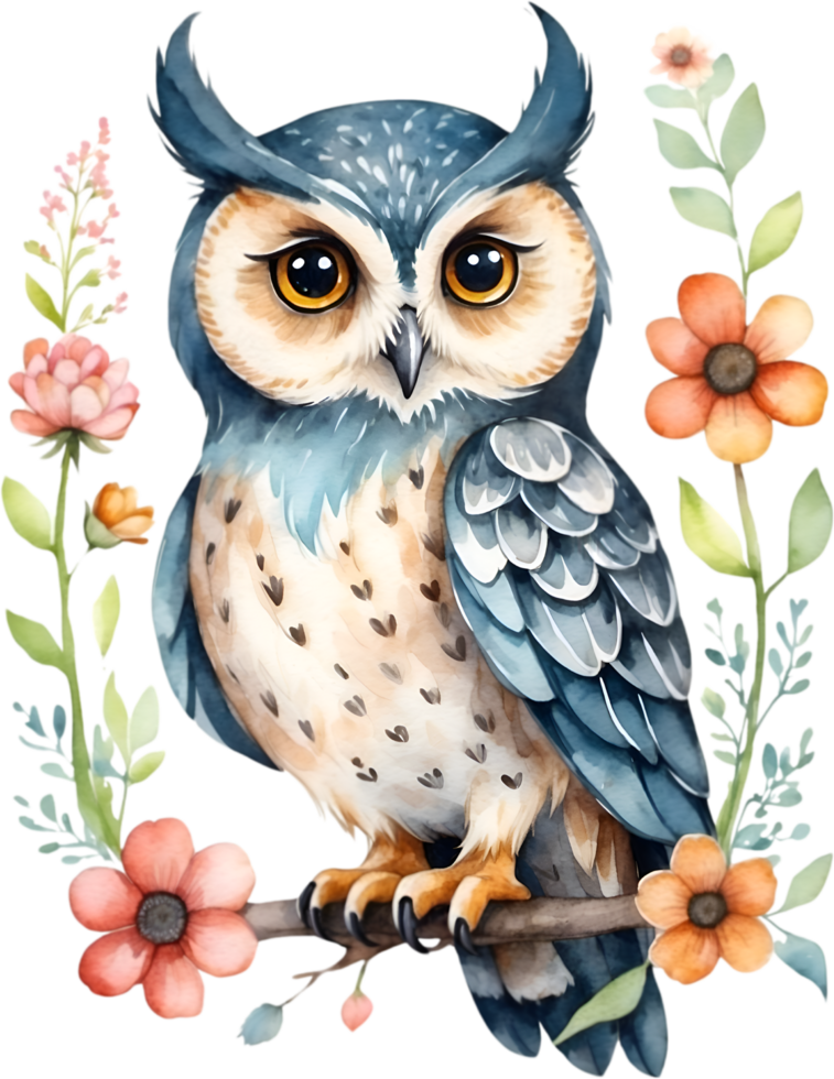 AI generated Watercolor of an owl with flowers. Ai-generated. png
