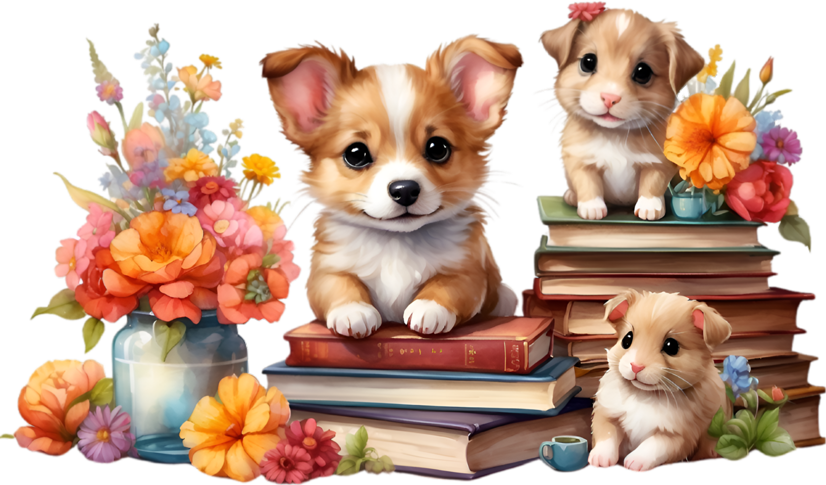 AI generated Puppy with a stack of books. Ai-Generated. png