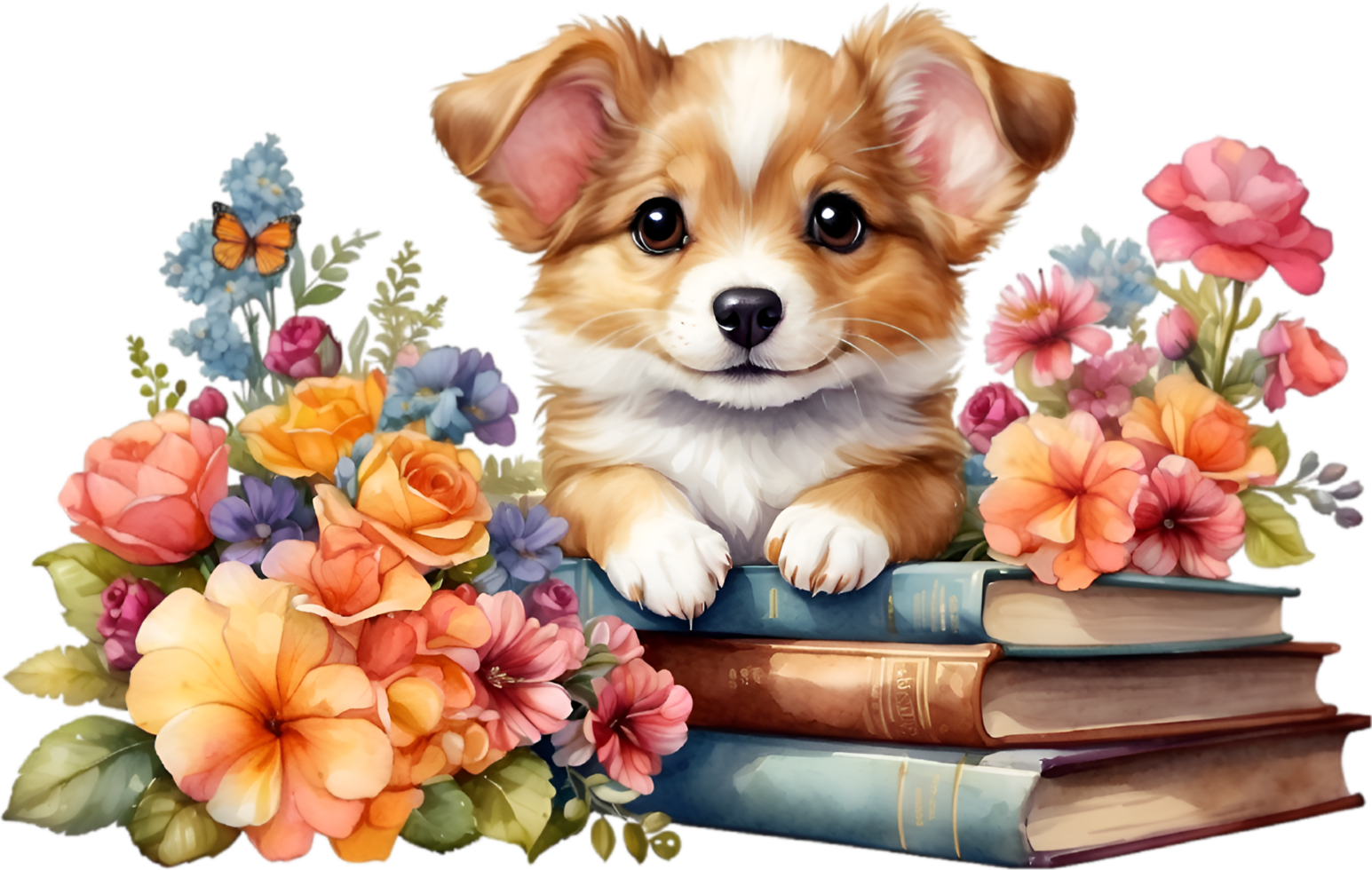 AI generated Puppy with a stack of books. Ai-Generated. png