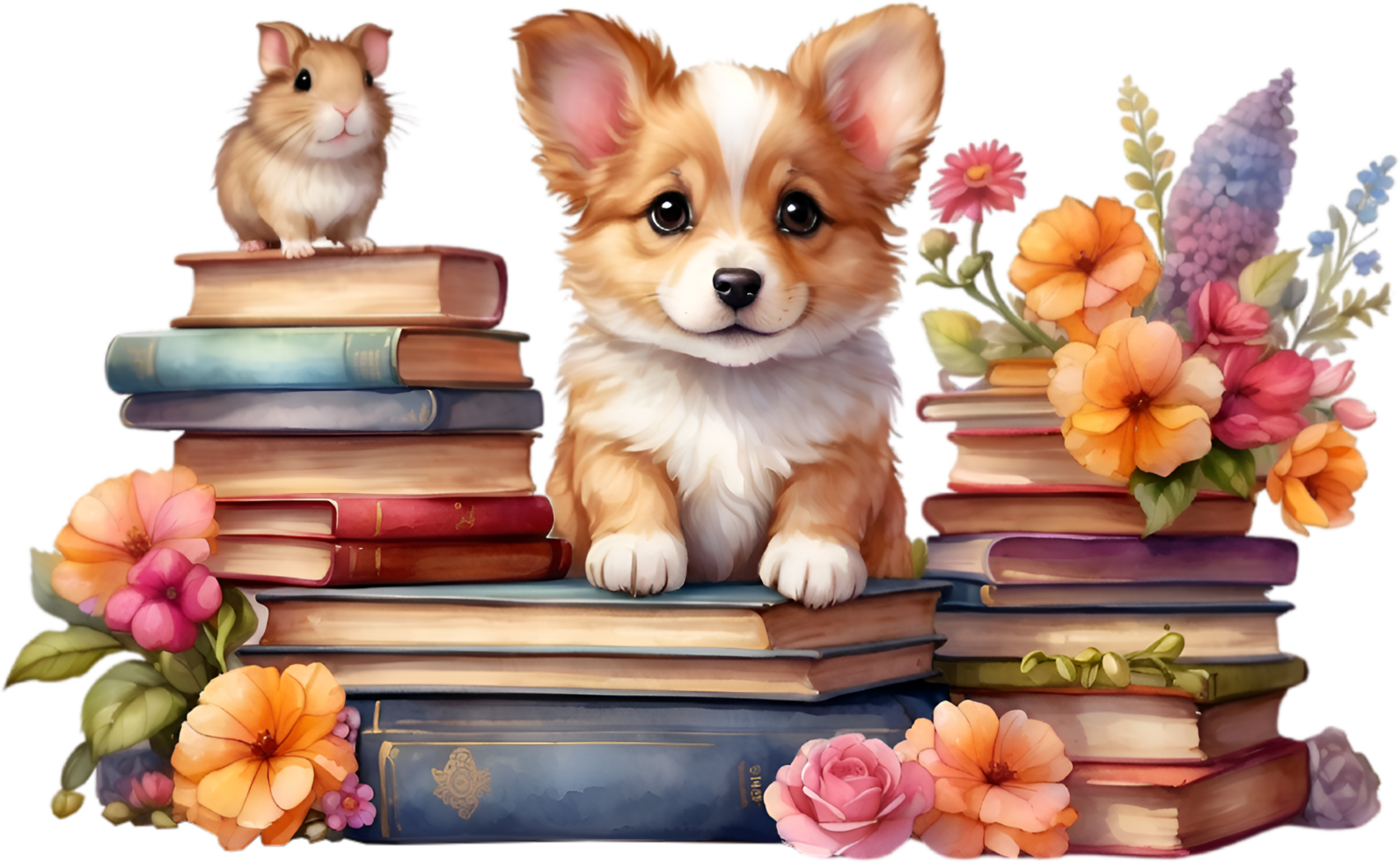 AI generated Puppy with a stack of books. Ai-Generated. png
