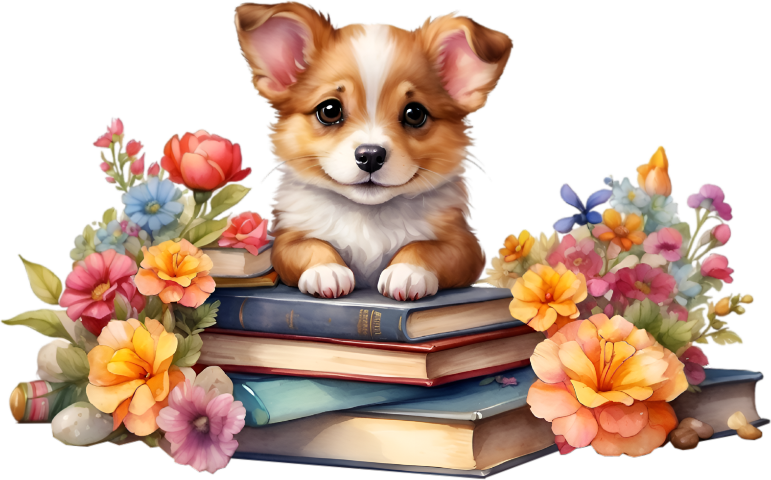 AI generated Puppy with a stack of books. Ai-Generated. png