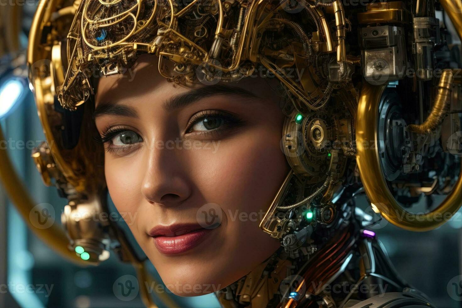 AI generated female cyborg with mechanisms and wires in head, digital technological as a background photo