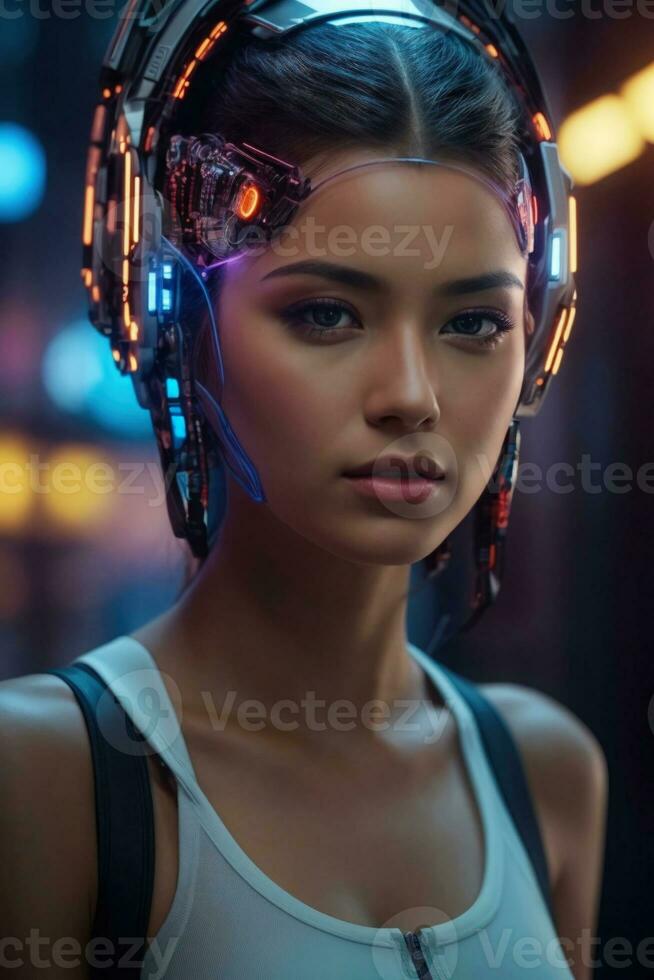 ai generado hembra cyborg con mecanismos y alambres en cabeza, digital tecnológico como un antecedentes foto