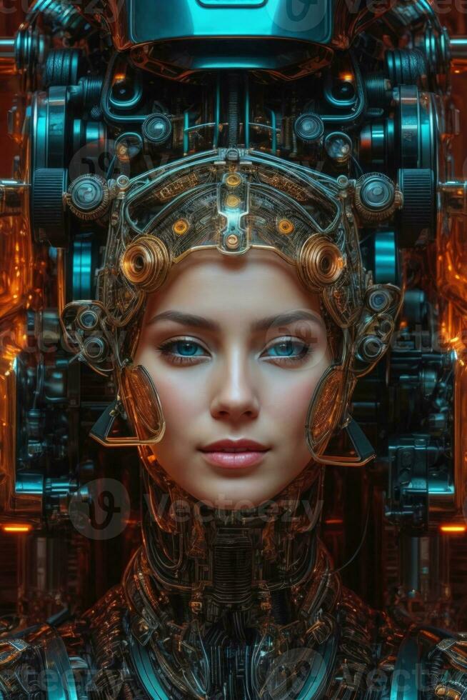 AI generated female cyborg with mechanisms and wires in head, digital technological as a background photo