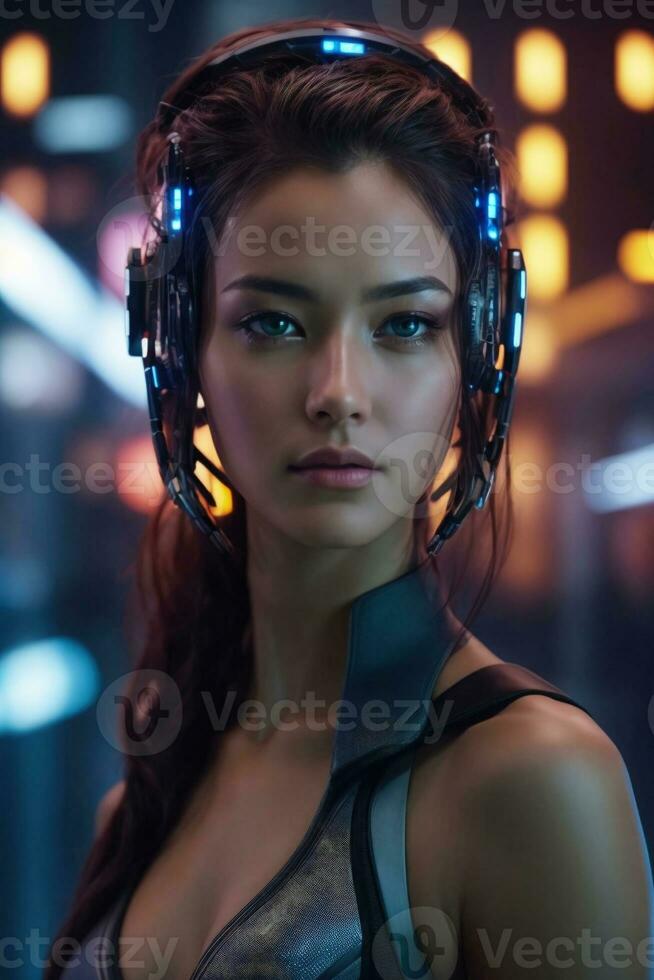 AI generated female cyborg with mechanisms and wires in head, digital technological as a background photo