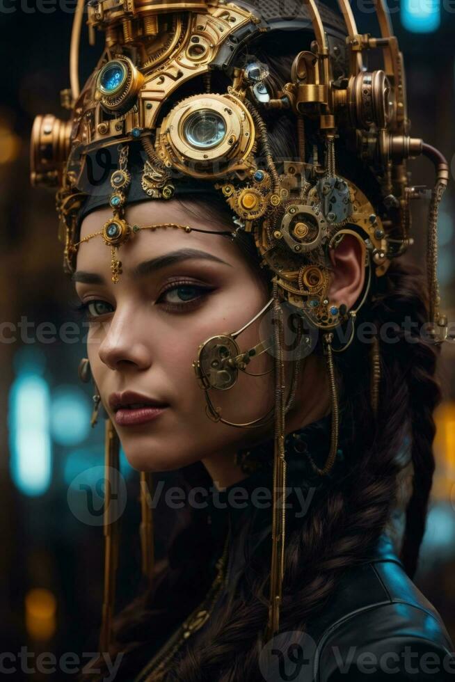 AI generated female cyborg with mechanisms and wires in head, digital technological as a background photo
