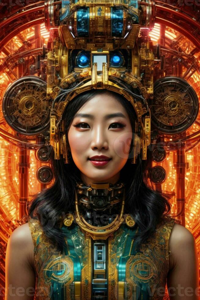 AI generated female cyborg with mechanisms and wires in head, digital technological as a background photo