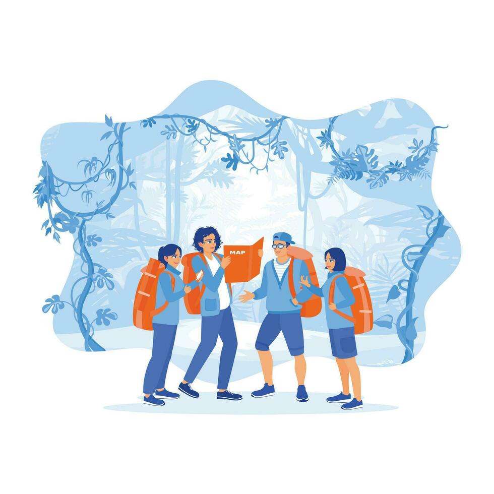 Four young tourists with backpacks on their backs got lost in the forest while on a tourist trip. They discussed and looked for a way to get out of the forest. Tourist Guide concept. vector