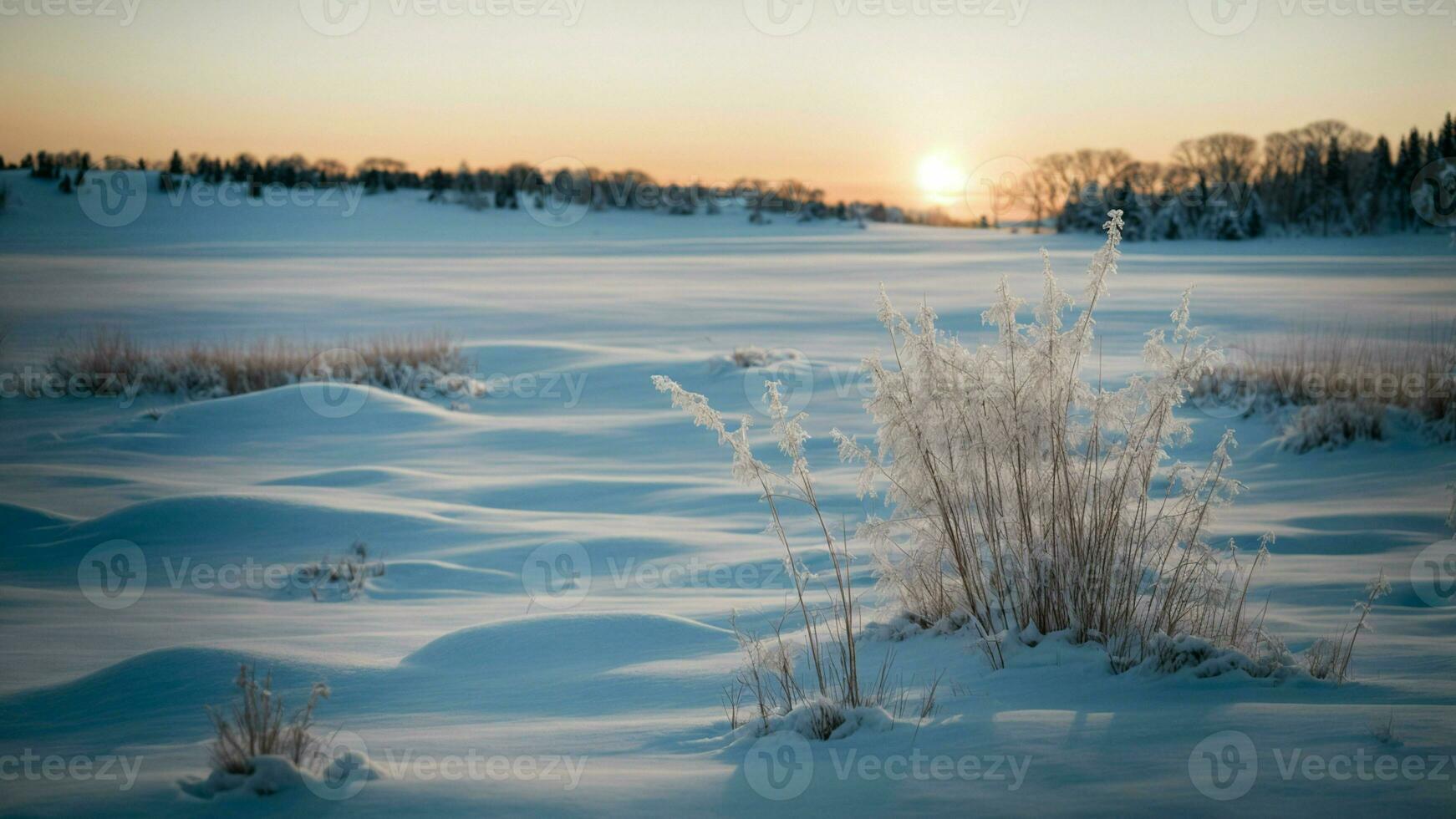 AI generated Depict the subtle variations in color and texture of snow in different lighting conditions, from the crisp glow of morning to the serene blue of twilight. photo