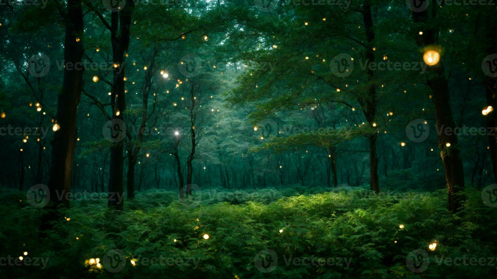 AI generated Explore the dance of fireflies in the moonlit canopy, creating a mesmerizing display of nature's light against the absolute green backdrop. photo