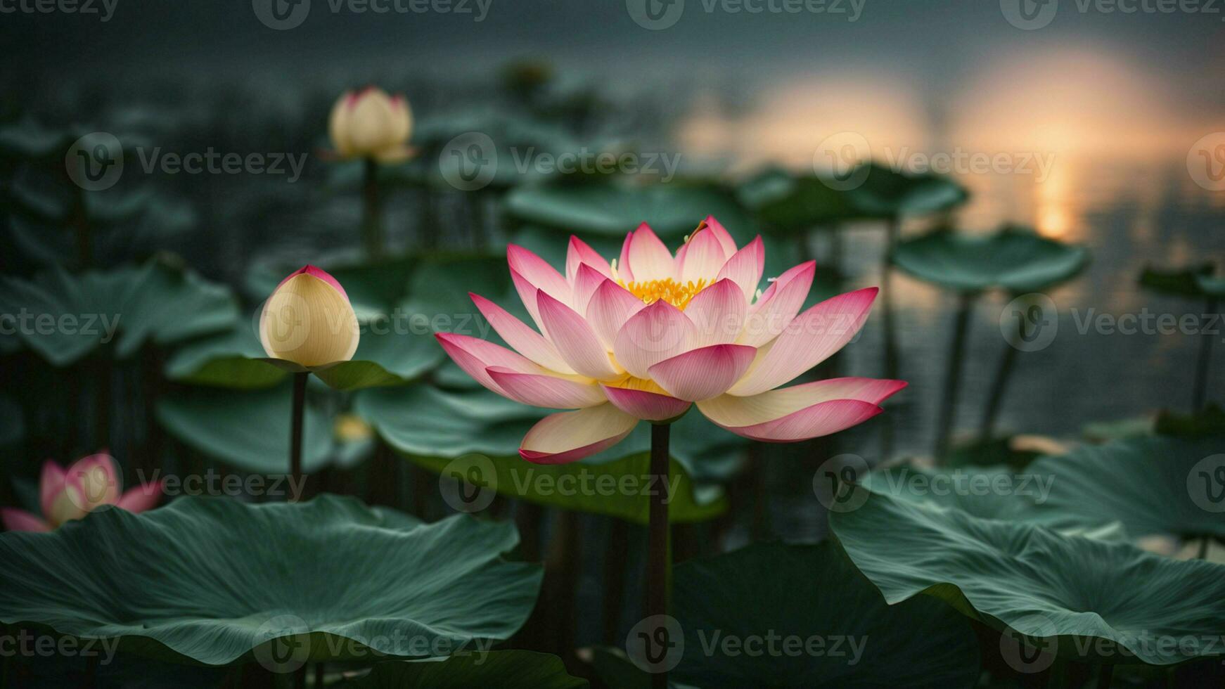 AI generated Describe the delicate unfolding of a lotus flower at the break of dawn. photo