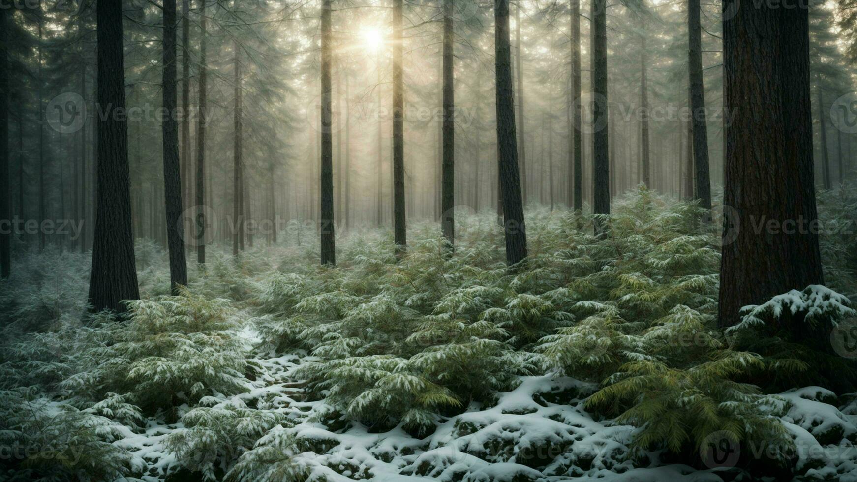 AI generated Illustrate the complex ecosystem of a winter forest, detailing the adaptations of flora and fauna to the harsh cold and scarcity of resources. photo