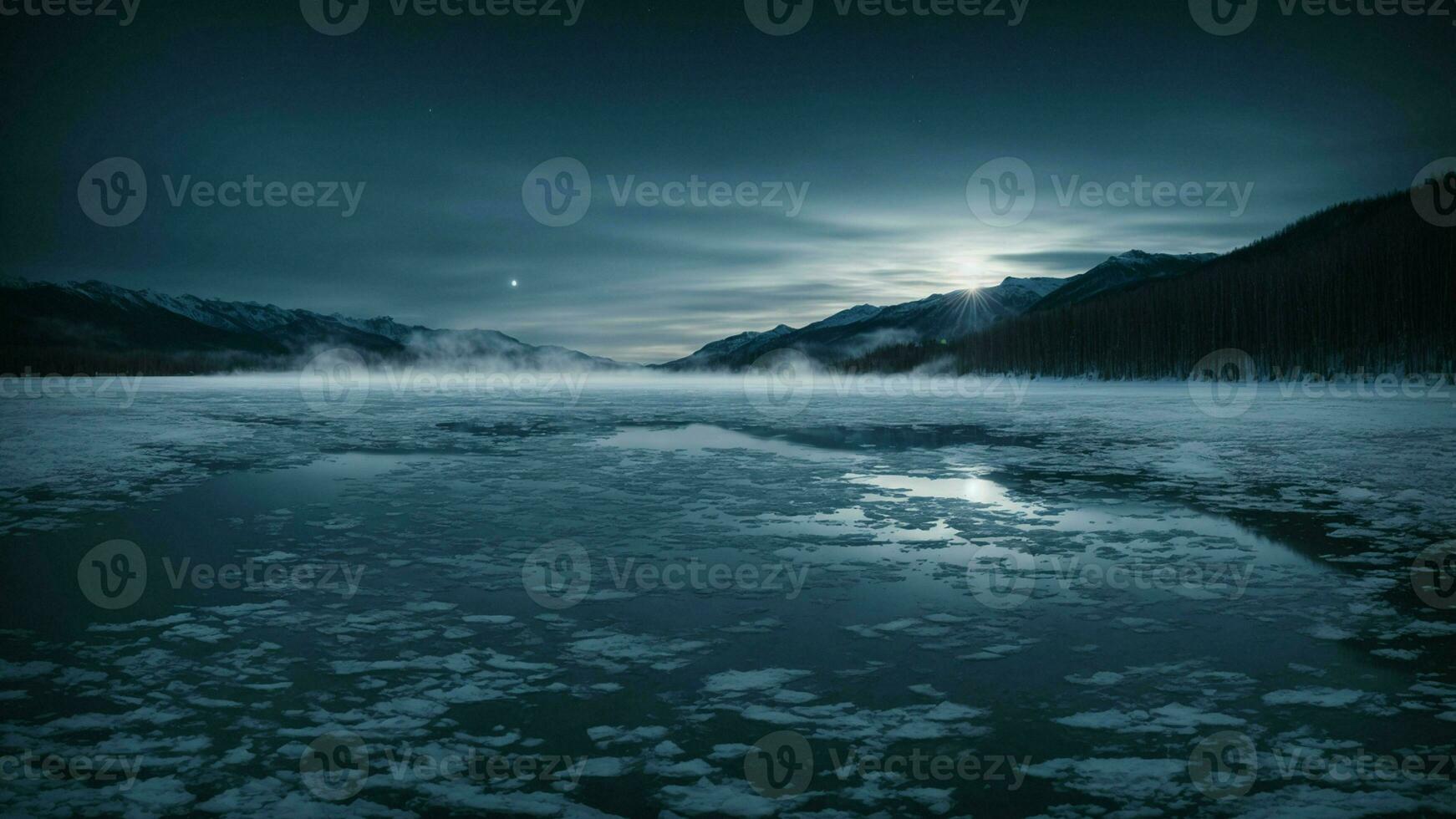 ai generado capturar el esencia de un congelado lago a noche, enfatizando el interacción de luz de la luna en el glacial superficie y el quietud de el rodeando paisaje. foto