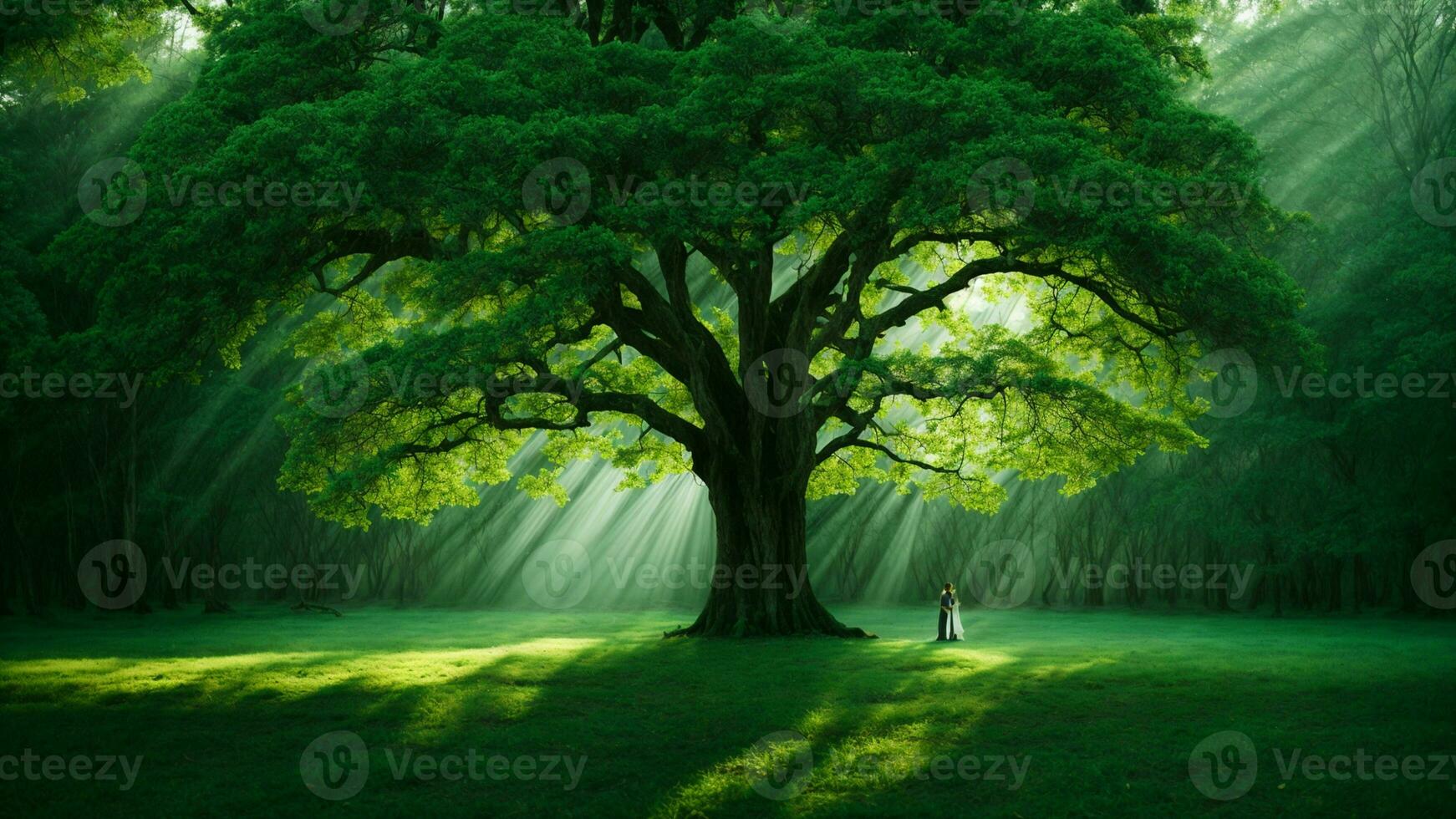 AI generated In the heart of the ancient emerald forest, describe the interplay of light and shadow as it dances upon the leaves of the absolute green tree. photo
