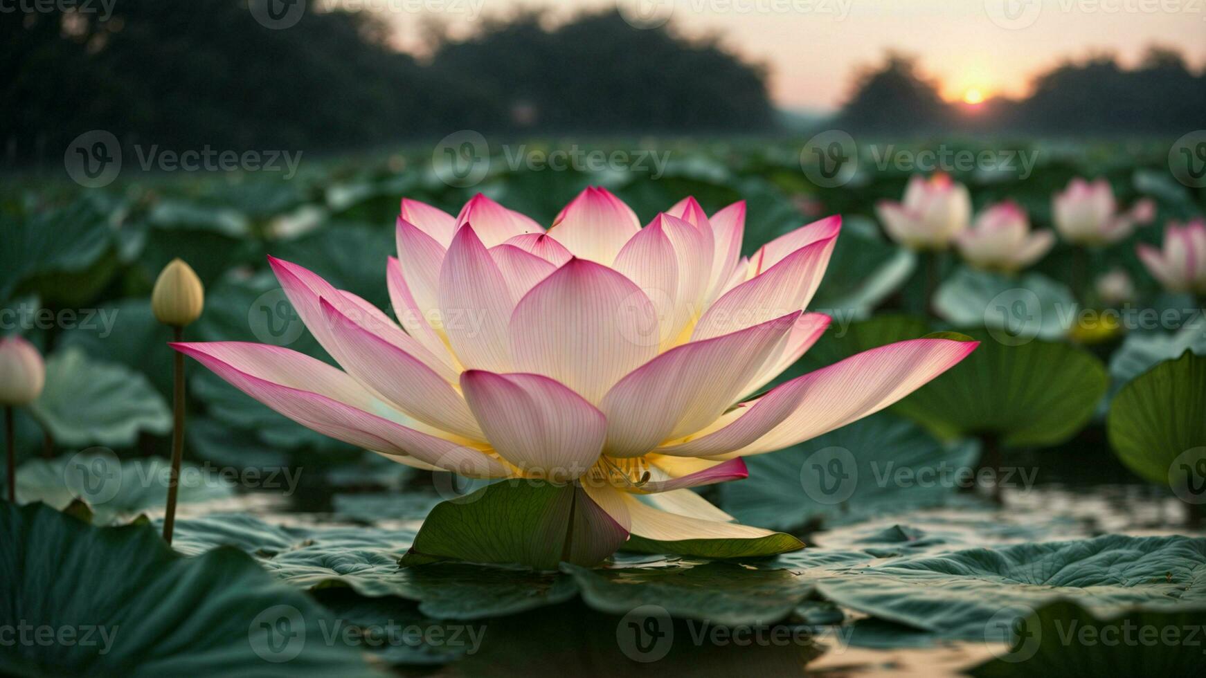 AI generated Describe the delicate unfolding of a lotus flower at the break of dawn. photo