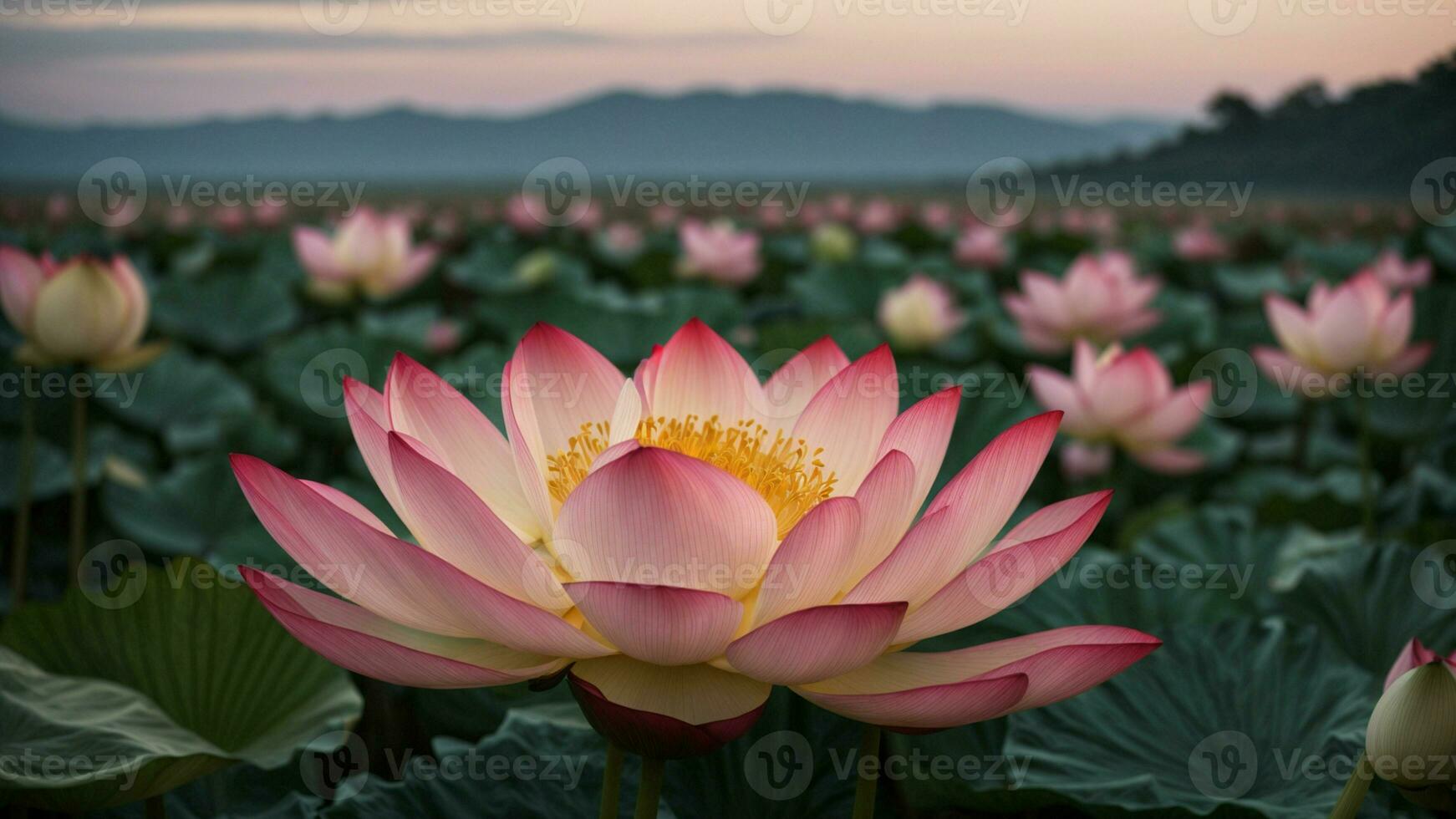 AI generated Describe the delicate unfolding of a lotus flower at the break of dawn. photo