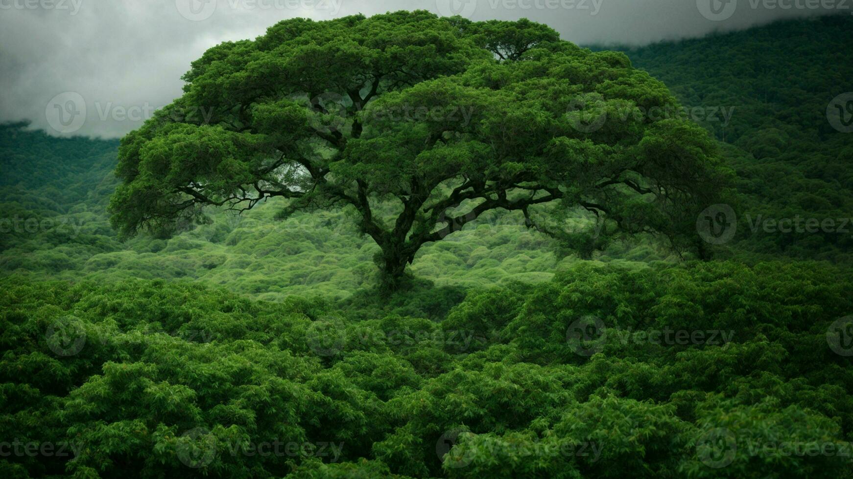 AI generated Explore the intricate ecosystem dynamics of a primeval green tree forest, emphasizing the interdependence of flora and fauna. photo