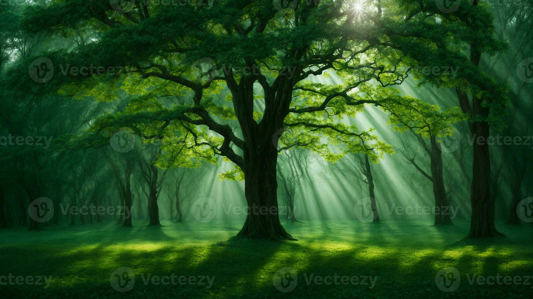 AI generated In the heart of the ancient emerald forest, describe the interplay of light and shadow as it dances upon the leaves of the absolute green tree. photo